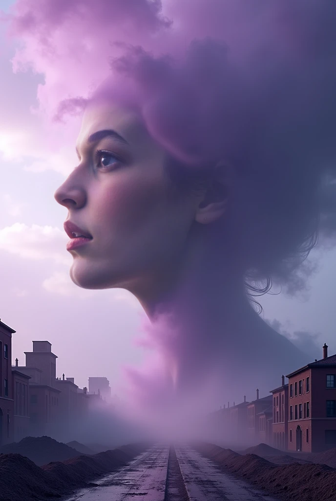 ((Purple mist and smoke shroud:1.7)), (Mysterious Fog:1.5), A visualization of an intense storm: the stormcloud takes the shape of a woman's face, obscured by the shadows and nuances of the turbulent cloud formations. From her mouth, strong winds are emitt...