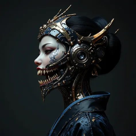 A detailed portrait of a cyborg woman in profile, her face is partially exposed, the exoskeleton of the skull and cervical spine is visible under the skin. The connections of incredibly complex micromotors and servos responsible for the movements of facial...