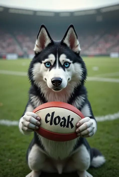  written on it I would like to create an image with a rugby field ,  in the foreground a husky dog with a blue left eye and a brown right eye. The dog is holding an oval ball with  "cloak", The writing must be in Italian and in capital letters