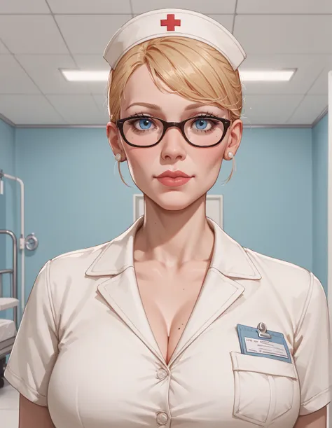 classic harleen quinzel docter outfit,big boobs,clothed,facing viewer,clothed,in hospital,wearing glasses,woking on patient 