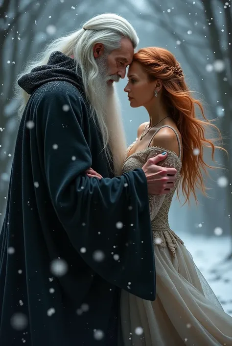 "Will you grant me a wish, my savior, my magician? And and... father?" she asked him. "What is your wish, my daughter?" "
I want to dance with you!" Masterpiece, wizard men in his 30s, white hair,white long beard,  ,  winter, flames in brown eyes,  black c...