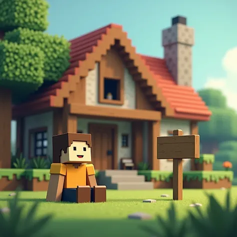 Minecraft main character sitting in front of his own house and next to him is an empty sign