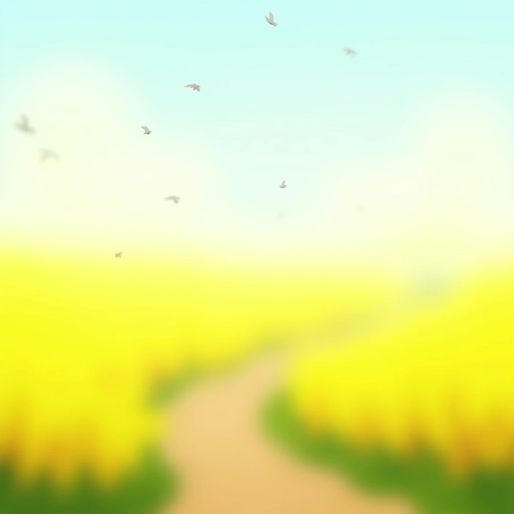 Create a cartoon-style illustration depicting a vast mustard field with a wide road running alongside it, adding depth and liveliness to the scene. Birds are flying in the sky, and the entire setting has a soft, misty morning atmosphere. The colors should ...