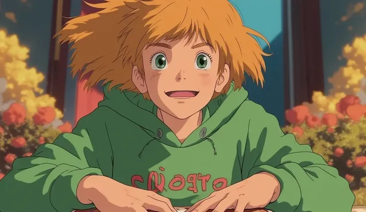 Retro Pop, anime smiling adult, female with strawberry blonde hair, green eyes, freckles, 80s, wearing green hoodie, holding Video game case