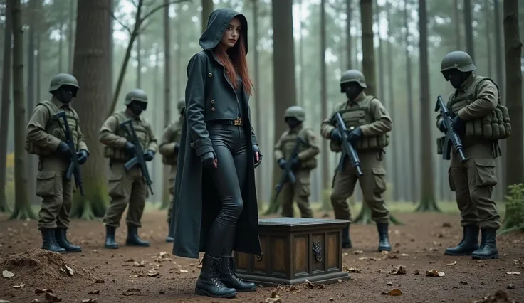 Military training ground in the forest, in the center is Pandora's box,  next to a girl, red hair,  slim figure,  Dressed in leather pants ,  long gothic coat with hood,  high boots with laces, soldiers in camouflage uniforms with machine guns are standing...