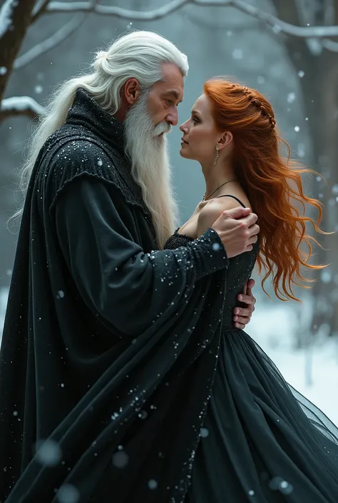 "Will you grant me a wish, my savior, my magician? And and... father?" she asked him. "What is your wish, my daughter?" "
I want to dance with you!" Masterpiece, wizard men in his 30s, white hair,white long beard,  ,  winter, flames in brown eyes,  black c...