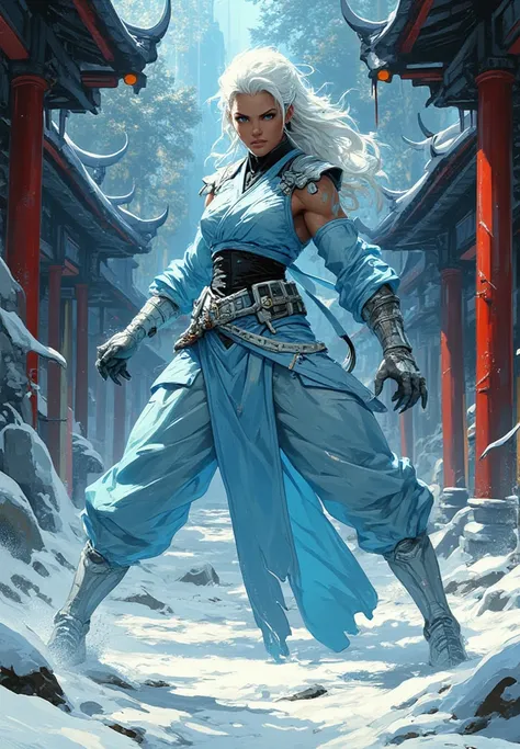 Grace Kelly as Frost do game Mortal Kombat, ((( white hair))), ((( on a roof with a Japanese palace in the background ))), (((( wearing light blue Mortal Kombat ninja armor)))), (((sexy ninja uniform))), (((Slingshot Swimsuit))), ((((( looking at the spect...