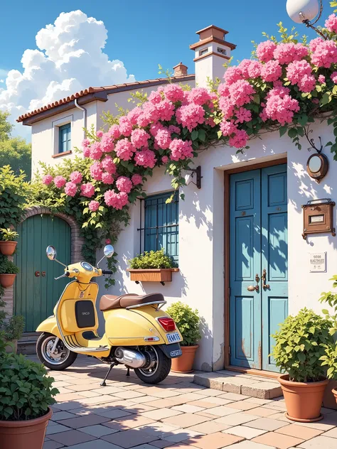 
a digital painting depicting a charming European street scene. Here's a detailed breakdown of the elements within the picture:
Element
Description
Setting
A quaint street with a whitewashed house, possibly in a Mediterranean town
Sky
A clear blue sky with...