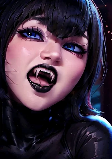 Una waifu, mavis, cute face, blue eyes , dark makeup , big huge breast , nsfw, oversize breaste, open mouth fangs vampire.