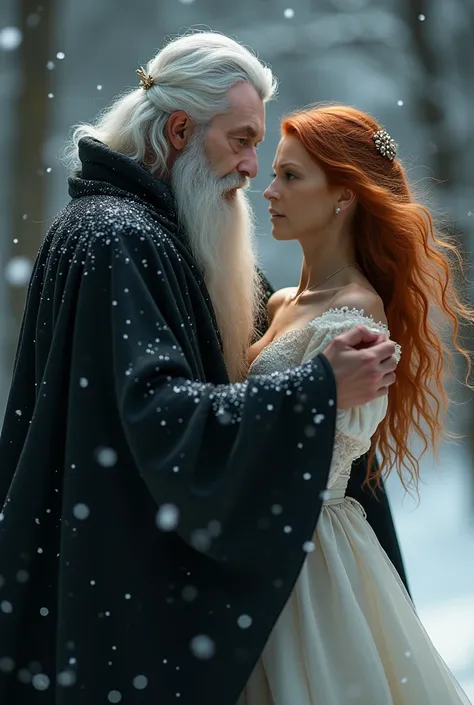 "Will you grant me a wish, my savior, my magician? And and... father?" she asked him. "What is your wish, my daughter?" "
I want to dance with you!" Masterpiece, wizard men in his 30s, white hair,white long beard,  ,  winter, flames in brown eyes,  black c...