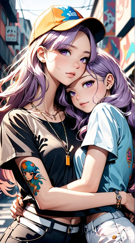 2 peopleの女の子,duo, high resolution,  long hair, Light purple hair, とても long hair, とても long hair,  simple background, abstract,  character design ,  character design ,  Ghibli style color, ラッパーSisters,Sisters, holding hands,Rapper Style, Street系,Cap,tattoo, ...