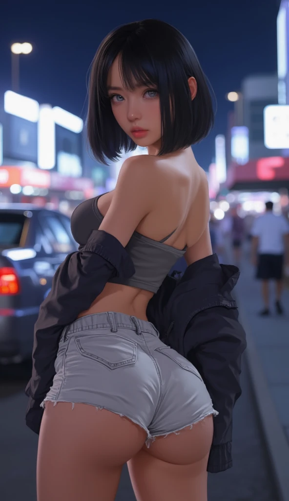 Chinese girl, athletic body, light blue eyes, black hair, short modern haircut, wearing casual shorts made of light fabric and a short top with a neckline, with a jacket falling over her shoulders, big attractive thighs, on her back in a sexy pose, at nigh...