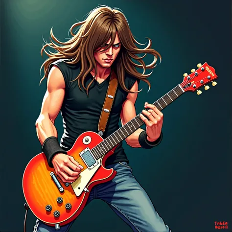 vintage animation of man palying electric guitar heavy metal style  looking down long hair. cant see his face hair covering his whole face