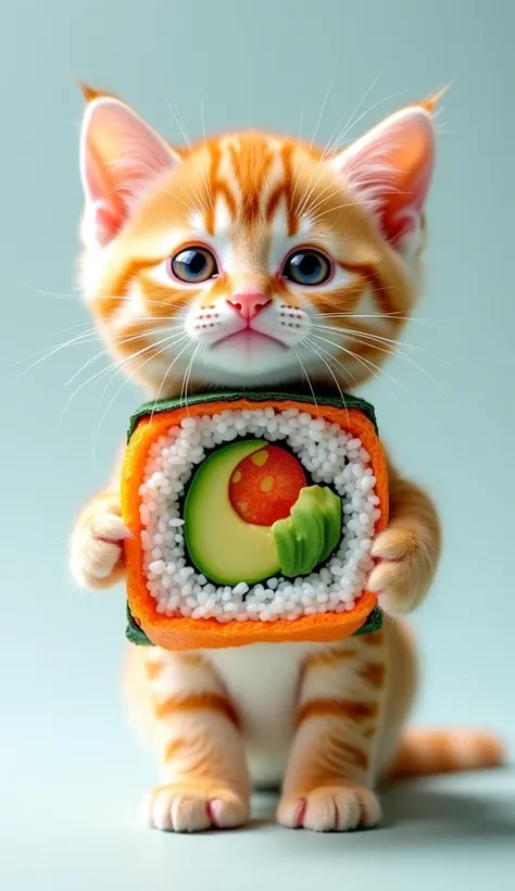 Kitten cosplaying sushi　 Realistic Photo Images 　The kitten is standing 