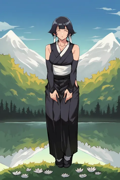 score_9_up, score_8_up, score_7_up, source_anime, masterpiece, best quality, 1girl, solo, Soifon, Soi_Def, sun light through leaves, on grass, river, lotus pose, meditating, closed eyes, flowers, relaxed, black footwear, short hair with long locks, black k...