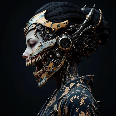 A detailed portrait of a cyborg woman in profile, her face is partially exposed, the exoskeleton of the skull and cervical spine is visible under the skin. The connections of incredibly complex micromotors and servos responsible for the movements of facial...