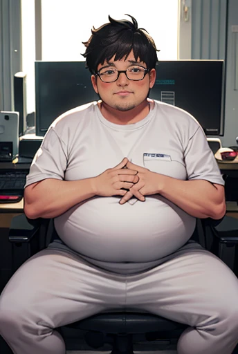 A middle-aged fat man is staring at his computer and clutching crotch, wear a light gray dirty sweat suit, short black hair, (obesity: 0.7), 30yo, nerdy, shy, sitting in front of a computer screen, spread legs, in dusty Private small room, glasses, Casual ...