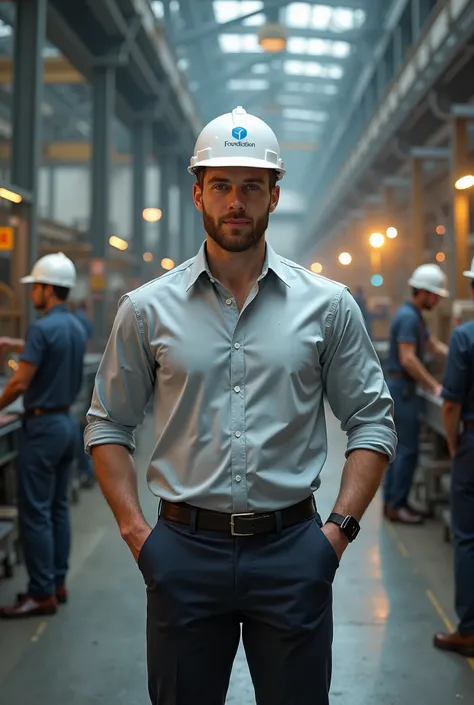  Realistic style,  Highly detailed . 35-40 year old man, pension fund director, standing in the center of an active factory workshop. Appearance: height 184 cm,  athletic build (82 kg), Medium build, short dark blond hair, neat short beard. Dressed in prof...