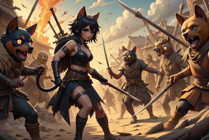 (Extreme complexity, multiple subjects), (Subjects 1: Sexy female (Asian influence, cat woman, big breasts, ample butt, short pumpkin fur, sexy black ninja outfit, large fierce eyes, weapons)( is in a life or death battle against a mob of Dog Men (Barbaria...