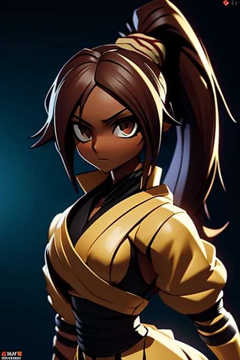 (masterpiece, best quality),  intricate details, 8k, artstation, wallpaper, official art, splash art, sharp focus,
1girl,  solo, shihouin yoruichi, (dark skin, dark-skinned female:1.2), ponytail,