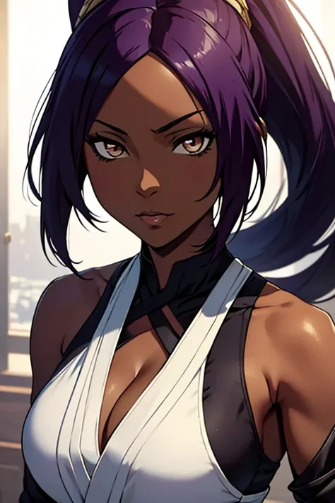 Yoruichi Shihouin, masterpiece), (portrait), medium breasts (aesthetics), A 32-year-old woman , romantic lighting that enhances her feminine features.