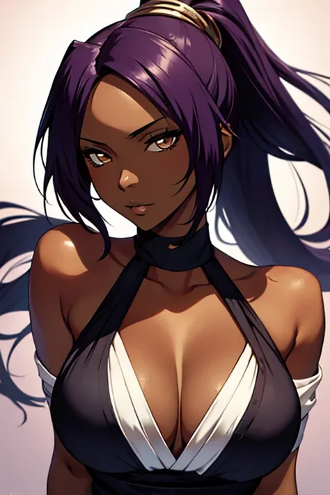 Yoruichi Shihouin, masterpiece), (portrait), medium breasts (aesthetics), A 32-year-old woman , romantic lighting that enhances her feminine features.