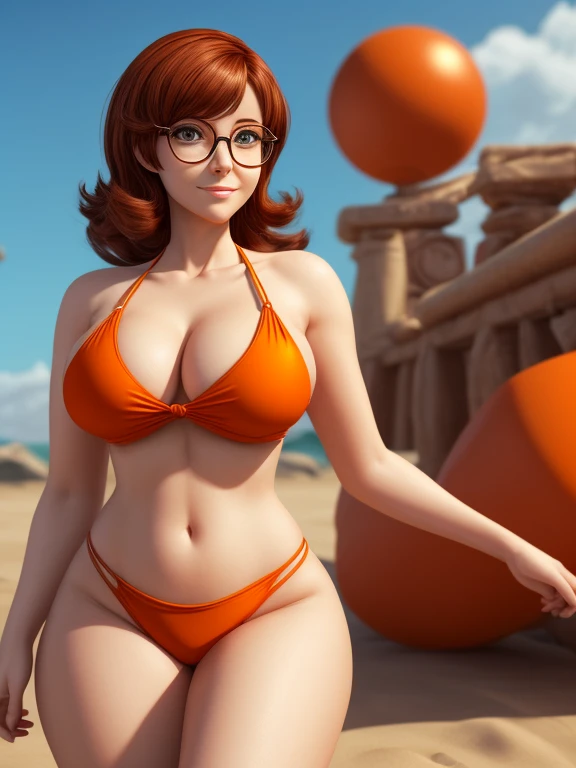 3d drawing, A cartoon of a woman in a bikini and glasses, Velma, gordon freeman as a woman, thick glasses, nerdy appearance, with glasses, young and beautiful amouranth, thick, Chris Moore. art germ, Tina Belcher as a real person, comic book pin-up art sty...