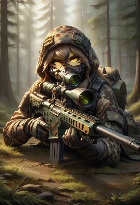 score_9, score_8_up, score_7_up, source_furry, furry, 1girl, source_furry, solo, tkflora, tiger, striped fur, keidran, yellow eyes, anthro, (a beautiful female furry with yellow eyes, wearing bush camouflage coverall, camouflage hood, camouflage mask, hold...