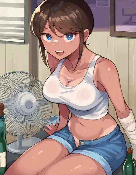  score_9,  score_8_arriba,  score_7_arriba,  score_6_arriba,   source  _animated, animated coloring,  Nada Shio electric fan , 1 girl, electric fan, blue eyes, cabello corto, Alone ,  tanned ,  big breasts,  sitting , tan,  open your mouth, Looking at the ...