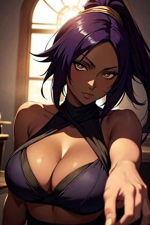 Yoruichi Shihouin, masterpiece), (portrait), medium breasts (aesthetics), A 32-year-old woman , romantic lighting that enhances her feminine features.