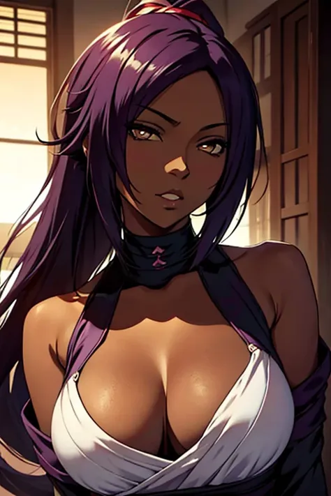 Yoruichi Shihouin, masterpiece), (portrait), medium breasts (aesthetics), A 32-year-old woman , romantic lighting that enhances her feminine features.