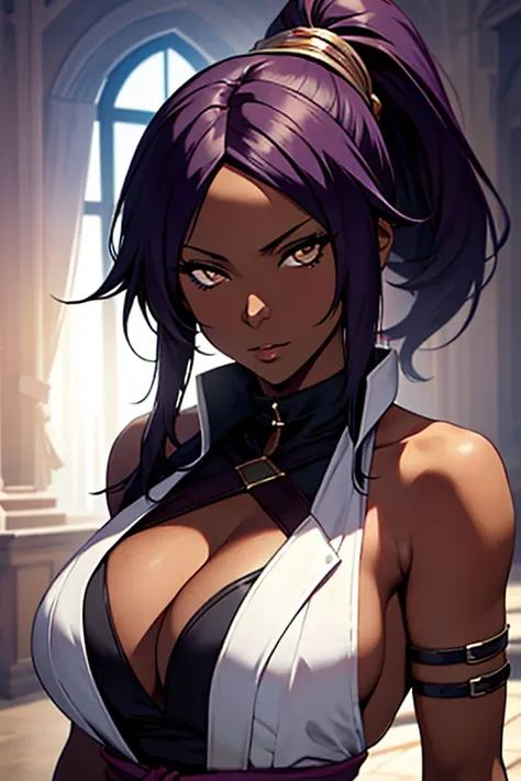 Yoruichi Shihouin, masterpiece), (portrait), medium breasts (aesthetics), A 32-year-old woman , romantic lighting that enhances her feminine features.