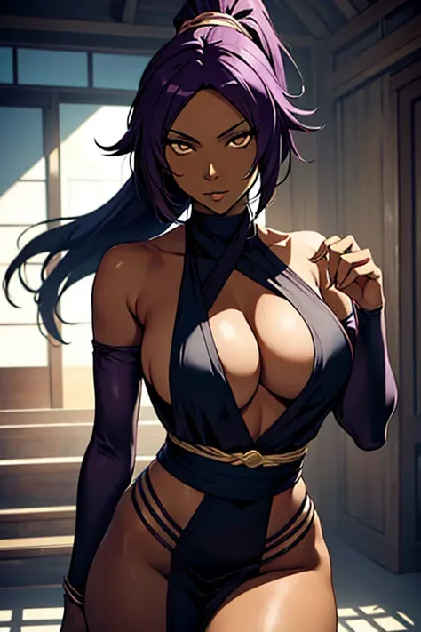 Yoruichi Shihouin, masterpiece), (portrait), medium breasts (aesthetics), A 32-year-old woman , romantic lighting that enhances her feminine features.