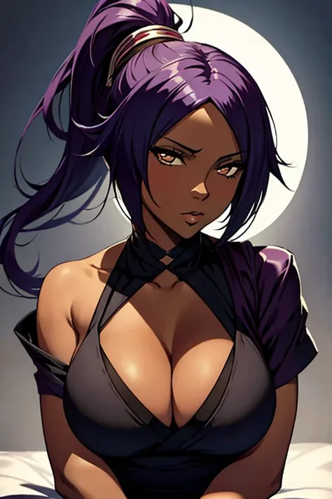 Yoruichi Shihouin, masterpiece), (portrait), medium breasts (aesthetics), A 32-year-old woman , romantic lighting that enhances her feminine features.