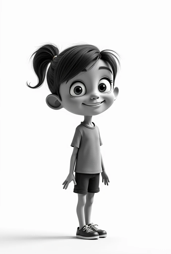 A girl in animated style  , with ponytail  ,  full body American angle,  the entire black and white image  