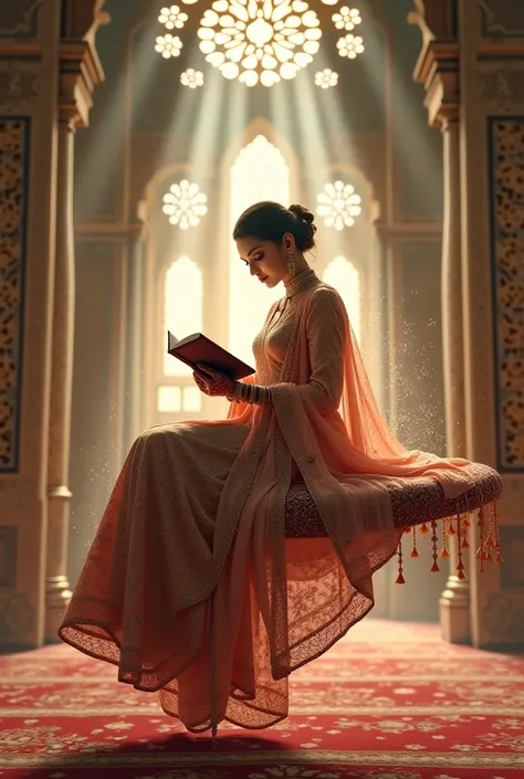 A woman wearing a Pakistani wedding dress reading the floating Quran on a flying Persian carpet in a mosque 