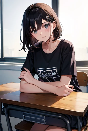  16-year-old girl sitting on her classroom table,  looking at the viewer . Wear stylish clothes .