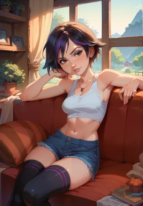 1girl, Gogo Tomago, Big Hero 6, sitting on a couch, crop top, silk shorts, thigh highs, naturally sagging small breasts, sexy pose, lustful, BREAK, night time, mountain cottage, cinematic lighting,