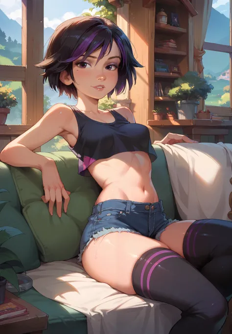 1girl, Gogo Tomago, Big Hero 6, sitting on a couch, crop top, silk shorts, thigh highs, naturally sagging small breasts, sexy pose, lustful, BREAK, night time, mountain cottage, cinematic lighting,