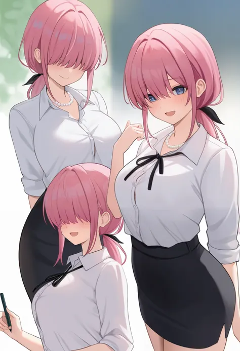 1girl, pink hair, single ponytail, low ponytail, white button up shirt, black pencil skirt, pearl necklace, black ribbon hair, back hair, blue eyes, bangs over eyes, happy face score_9_up, score_8_up, masterpiece, best quality