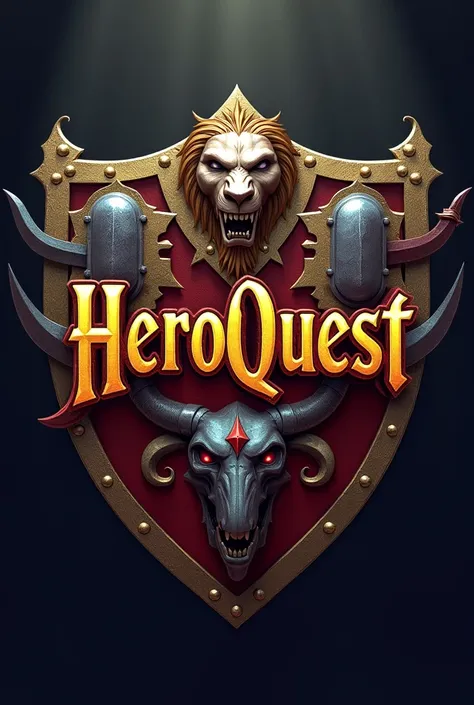 An image of the HéroQuest logo and its shields such as the lion's skull and shield and the Zargon symbol 