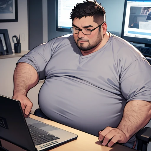 A middle-aged fat man is staring at his computer and clutching crotch, wear a light gray dirty sweat suit, short black hair, (obesity: 0.7), 30yo, nerdy, shy, sitting in front of a computer screen, spread legs, in dusty Private small room, glasses, Casual ...