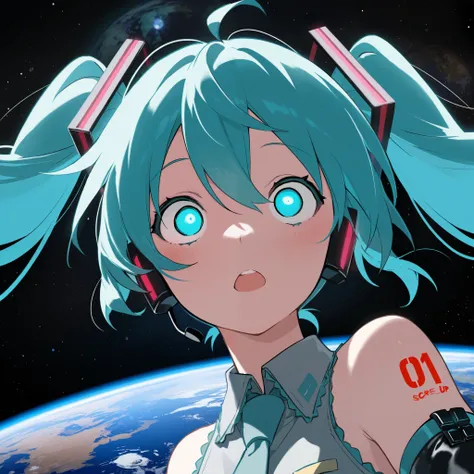 best quality, masterpiece, detailed background, expressive eyes, 1girl, girl, miku, hatsune miku, vocaloid, awe, space, Earth (planet)