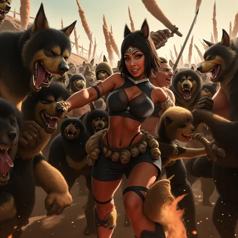 (Extreme complexity, multiple subjects), (Subjects 1: Sexy female (Asian influence, cat woman, big breasts, ample butt, short pumpkin fur, sexy black ninja outfit, large fierce eyes, weapons)( is in a life or death battle against a mob of Dog Men (Barbaria...