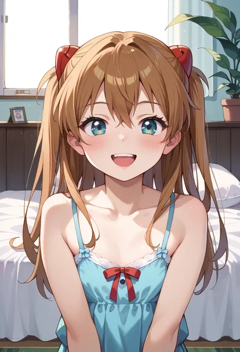 (( top quality)), (( Masterpiece)), (be familiar with),  perfect face,  indoor, bedroom,  watching viewers,
One woman,  Soryu Asuka Langley,
開いた口,  ecstatic expression, blush, smile,
 small tits,  flat chest, Young girl,  lori,  s,  girl,
 long hair,  two ...