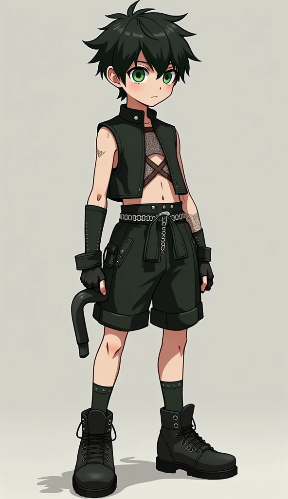 A boy with a thin waist thin lips white skin short height body worked black hair oval face green eyes Korean haircut wide eyes high ninja shoes with heel warmers ninja weapons a beauty mark under the left eye perforations in the lower lip on the right side...