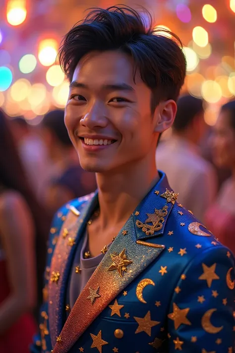 Young Asian man wearing star-inspired party clothes , full body image  