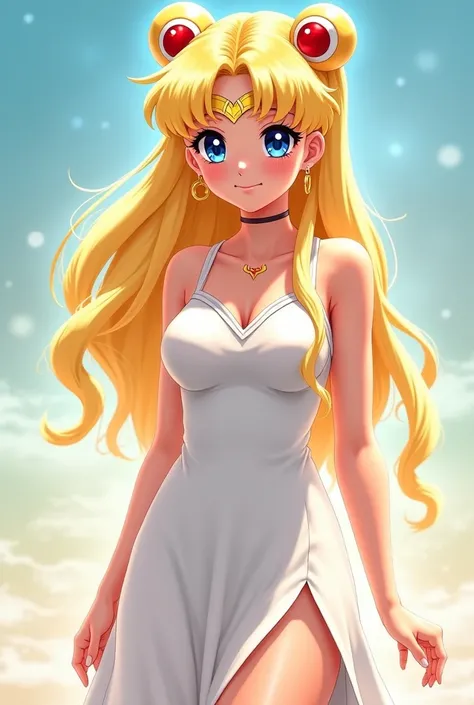  Sailor Moon anime with a tender and sweet face with yellow hair and blue eyes dressed as a Greek goddess in a white dress stuck with a slit in the leg with a neckline at the top, very sexy semi-realistic full-body digital art 