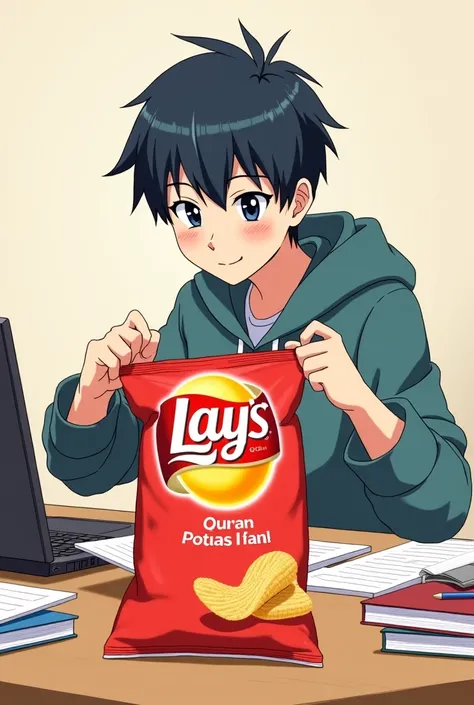 Anime pictures of a person opening Lay4 while studying at a table