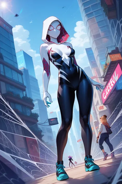 A movie scene shows a [spider gwen] standing next to a broken open, spider cocoon with spider-like bioluminescent blue creatures streaming out of it.  Moonlike environment.